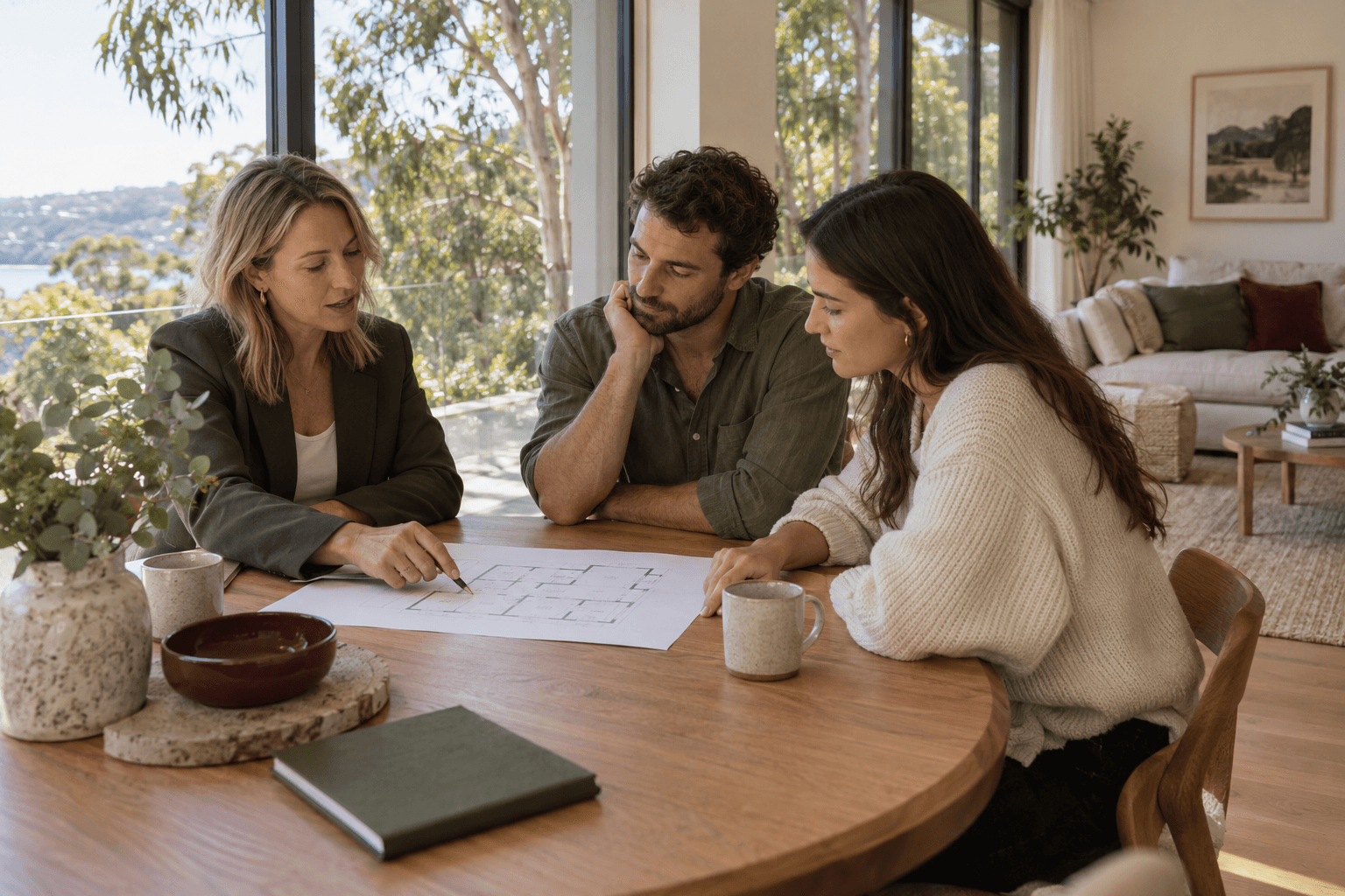 An illustrative scene of buyers discussing a floor plan with an adviser